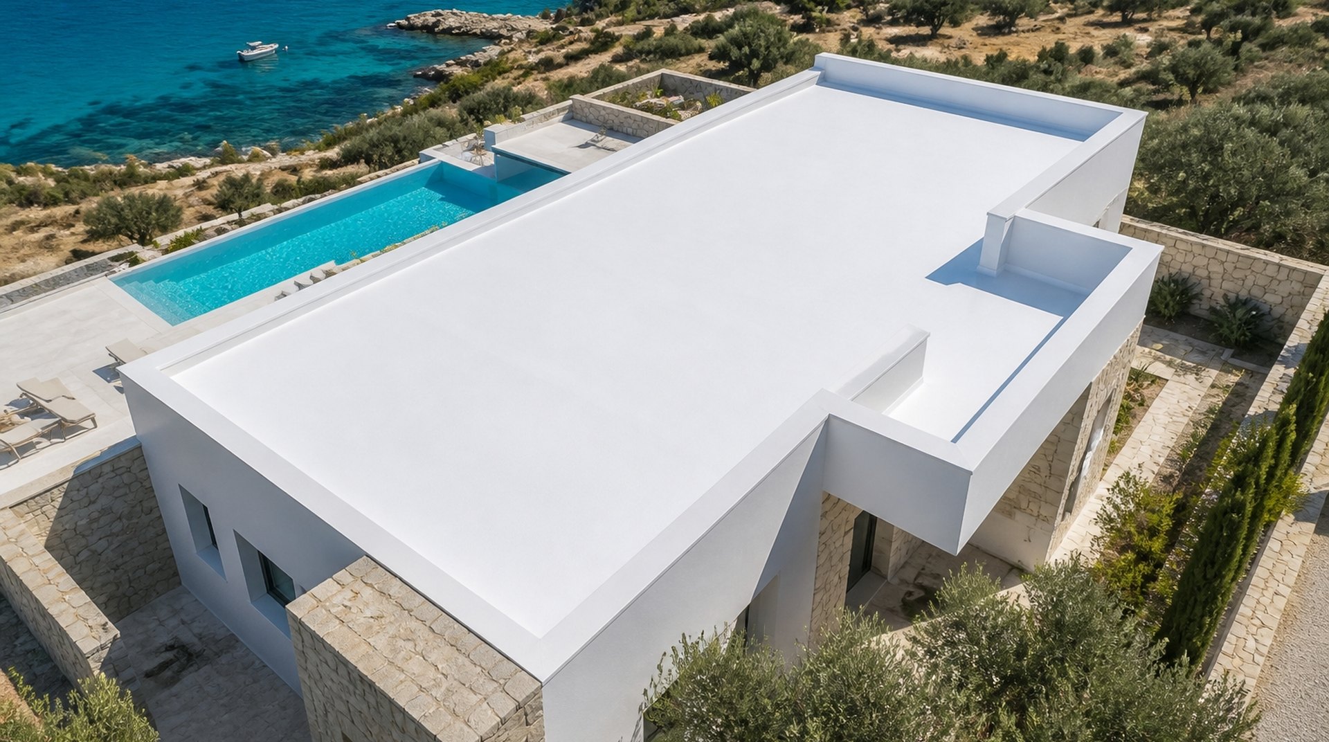 Premium dark grey finished flat roof overlooking the Mediterranean, Paphos Cyprus